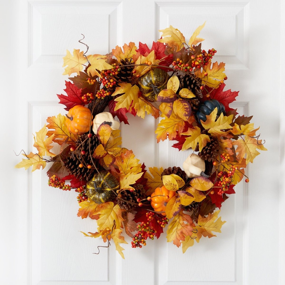 Nearly Natural 26” Fall Pumpkin, Gourd, Pinecone and Maple Leaf Artificial Autumn Wreath - lily & onyx