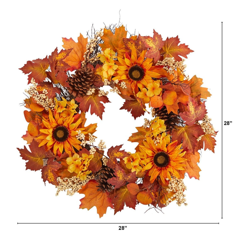 
                      
                        Nearly Natural 28” Autumn Maple Leaves, Sunflower, White Berries and Pinecones Artificial Fall Wreath - lily & onyx
                      
                    