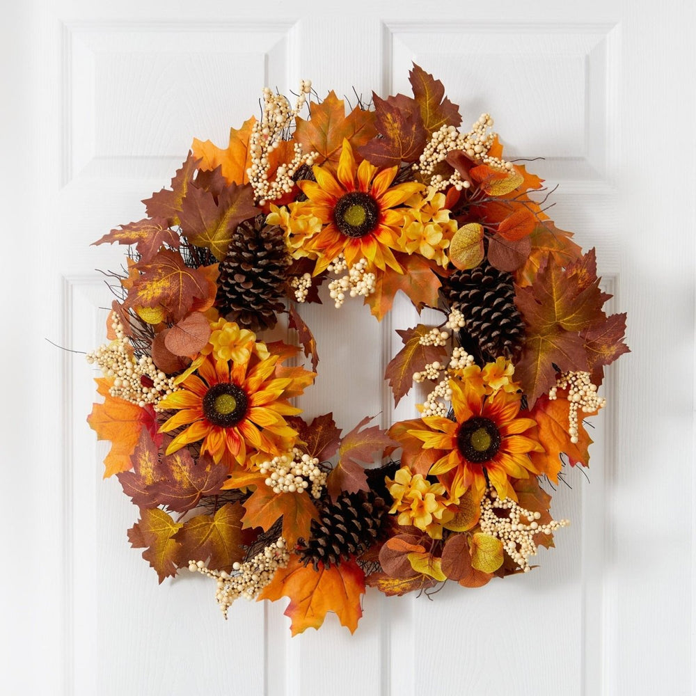 Nearly Natural 28” Autumn Maple Leaves, Sunflower, White Berries and Pinecones Artificial Fall Wreath - lily & onyx