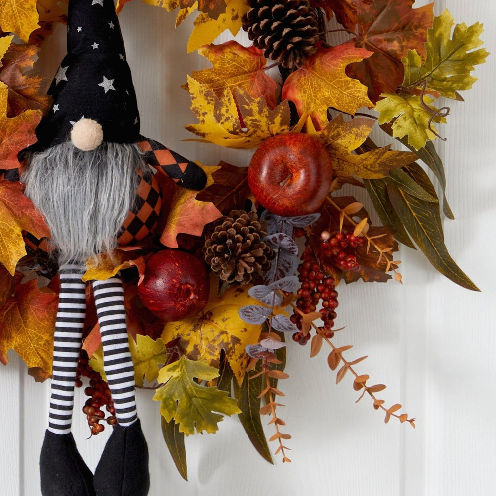 Nearly Natural 28" Harvest Fall Gnome Artificial Autumn Wreath - lily & onyx