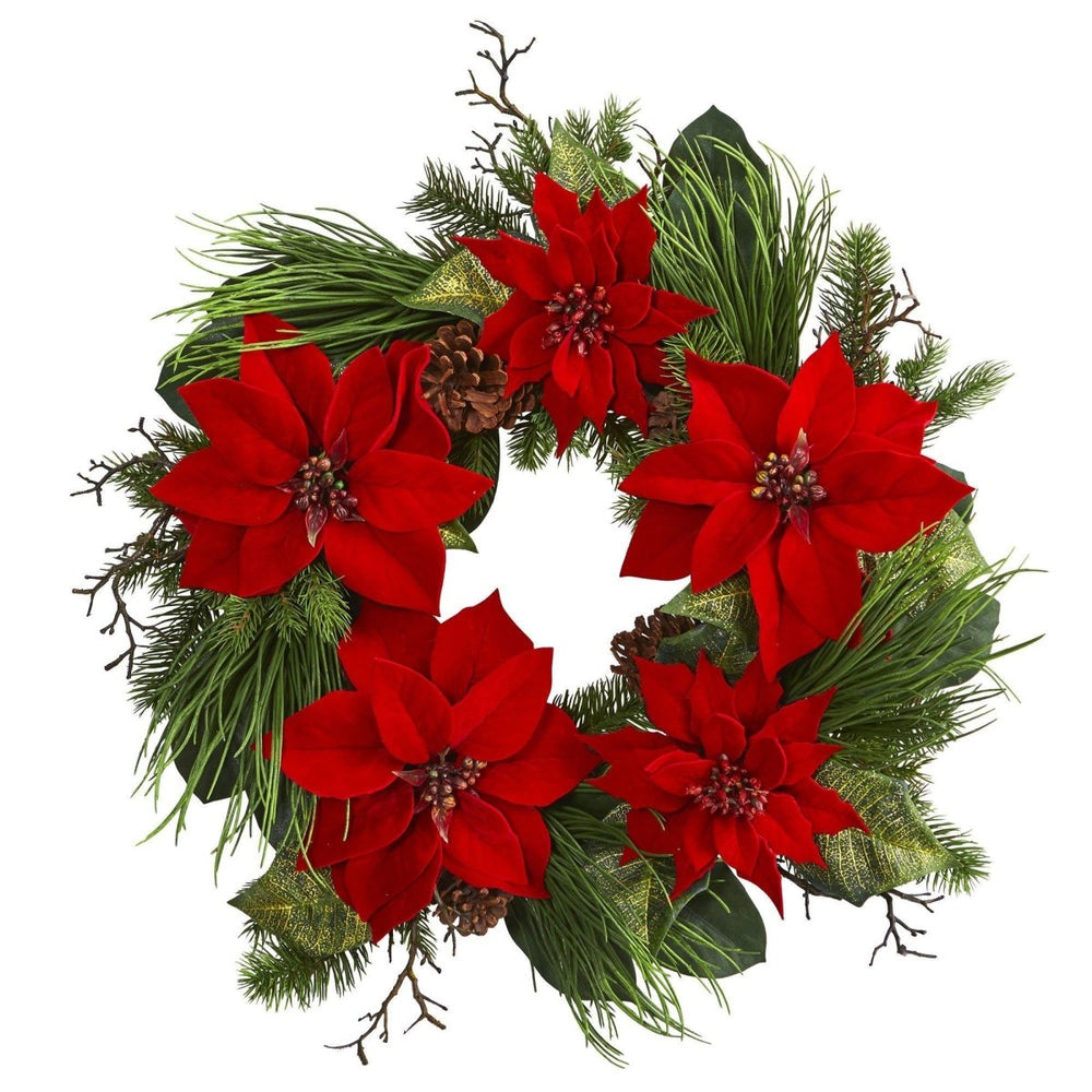 Nearly Natural 28” Poinsettia and Pine Wreath - lily & onyx