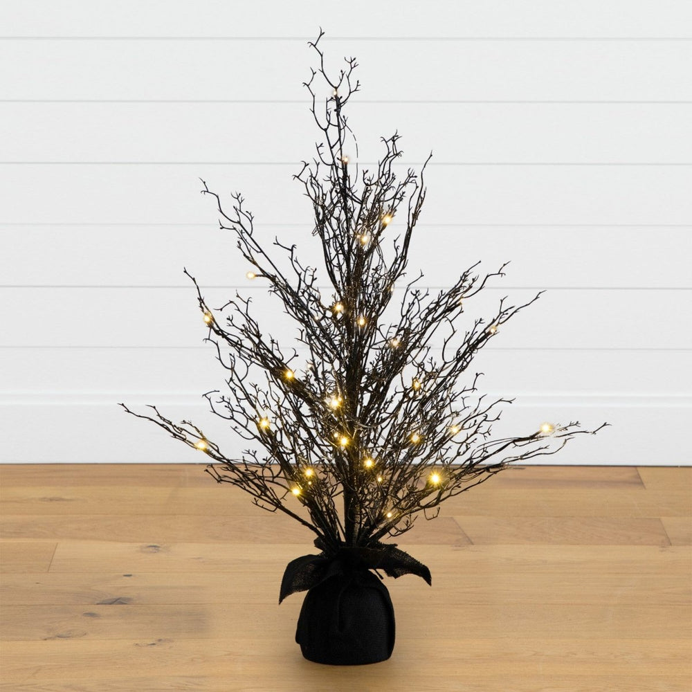 Nearly Natural 3’ Pre - Lit Halloween Black Twig Artificial Fall Tree in Burlap Planter with 52 Warm White LED Lights - lily & onyx