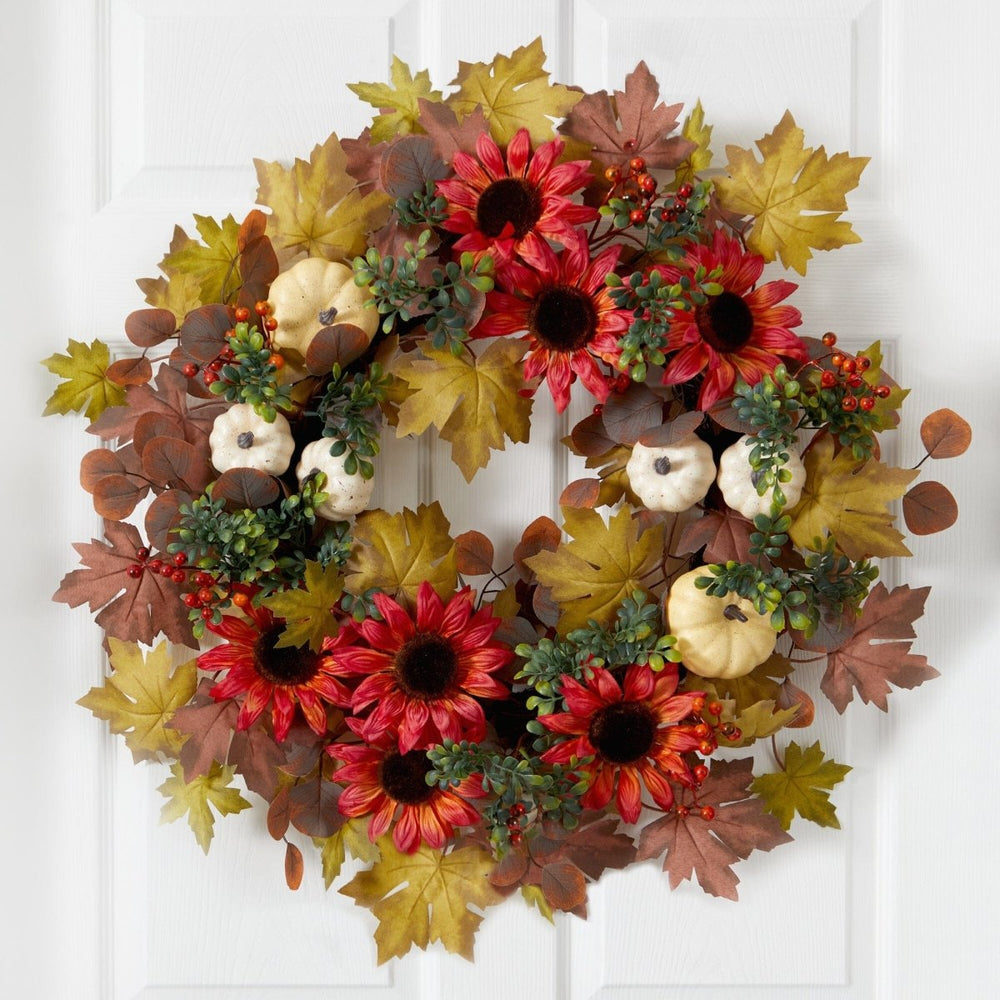 Nearly Natural 30” Artificial Fall Acorn, Sunflower, Berries and Autumn Foliage Wreath - lily & onyx