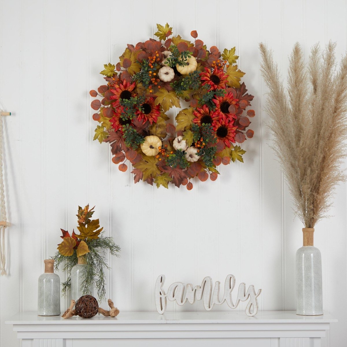 Nearly Natural 30” Artificial Fall Acorn, Sunflower, Berries and Autumn Foliage Wreath - lily & onyx