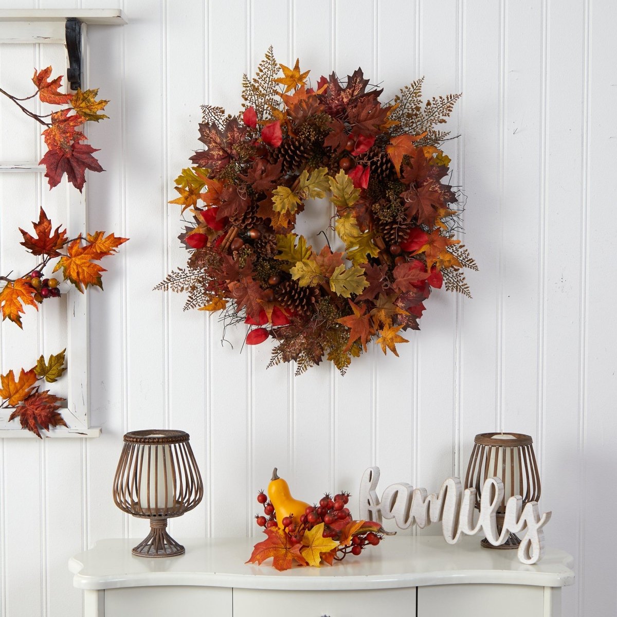 Nearly Natural 30” Autumn Maple Leaves, Acorn, Pinecones and Cinnamon Sticks Artificial Fall Wreath - lily & onyx