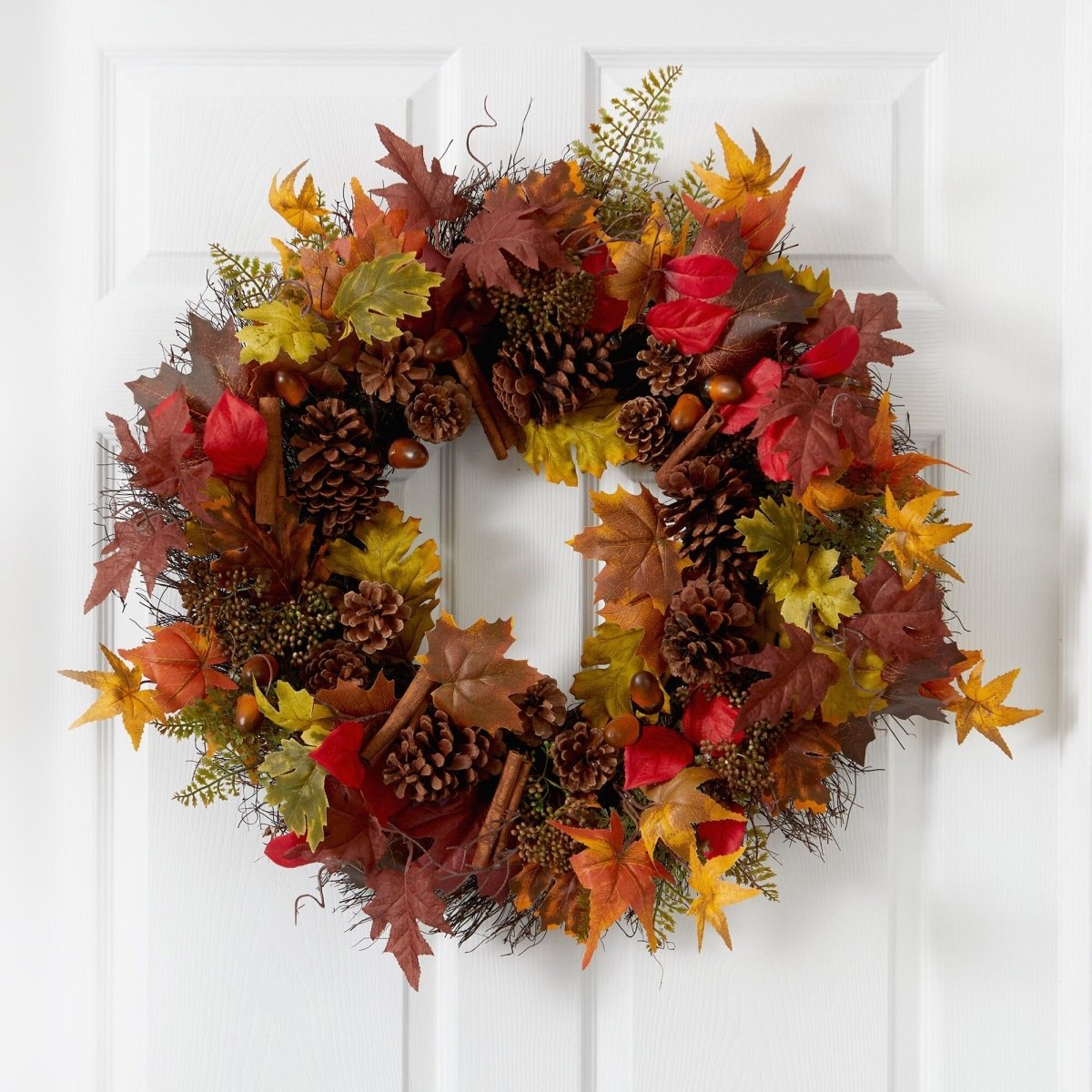 Nearly Natural 30” Autumn Maple Leaves, Acorn, Pinecones and Cinnamon Sticks Artificial Fall Wreath - lily & onyx