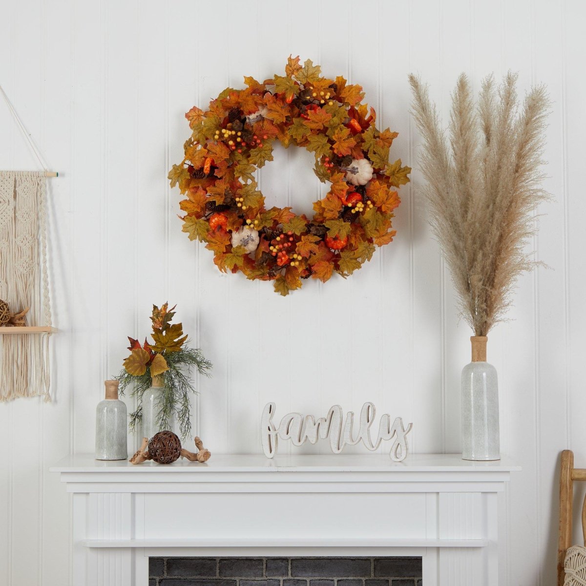 Nearly Natural 30” Autumn Pumpkin and Maple Leaf Artificial Fall Wreath - lily & onyx