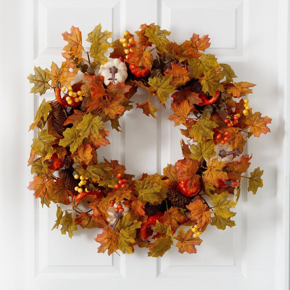 Nearly Natural 30” Autumn Pumpkin and Maple Leaf Artificial Fall Wreath - lily & onyx