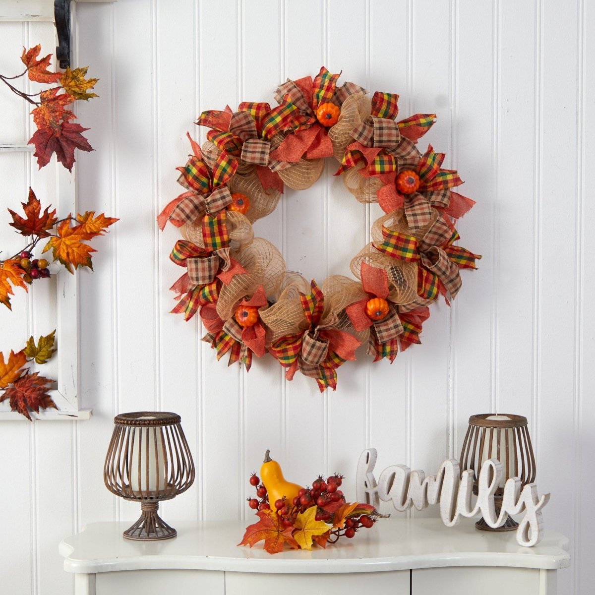 Nearly Natural 30” Autumn Pumpkin with Decorative Bows Artificial Fall Wreath - lily & onyx