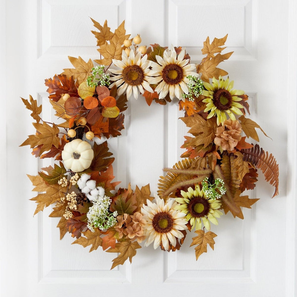 Nearly Natural 30” Autumn Sunflower, White Pumpkin and Berries Artificial Fall Wreath - lily & onyx