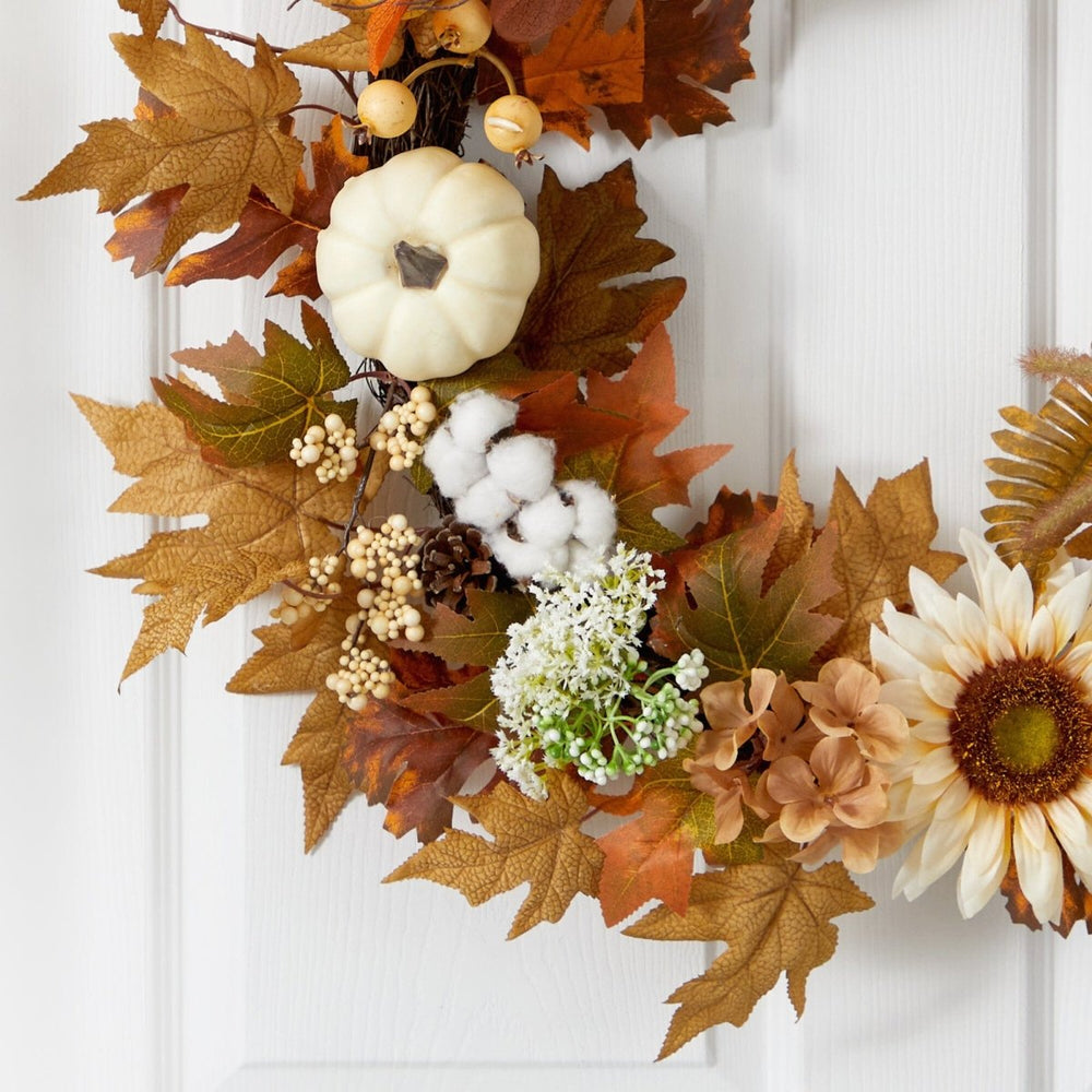 Nearly Natural 30” Autumn Sunflower, White Pumpkin and Berries Artificial Fall Wreath - lily & onyx