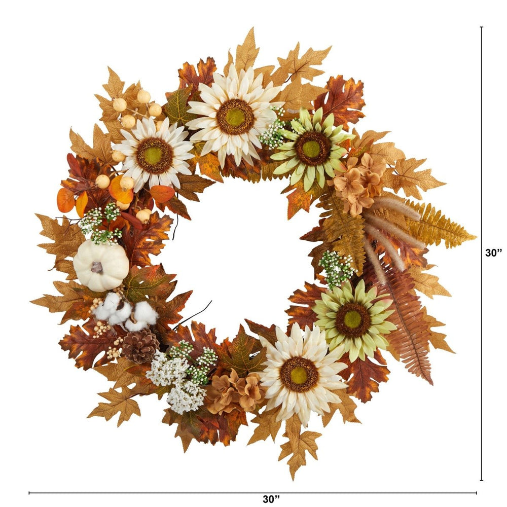 
                      
                        Nearly Natural 30” Autumn Sunflower, White Pumpkin and Berries Artificial Fall Wreath - lily & onyx
                      
                    