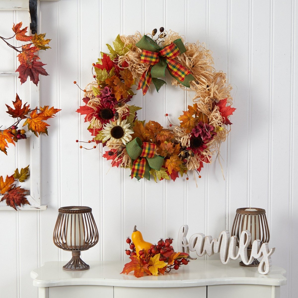 Nearly Natural 30” Harvest Autumn Sunflower, Maple Leaves and Berries Artificial Fall Wreath with Decorative Bows - lily & onyx