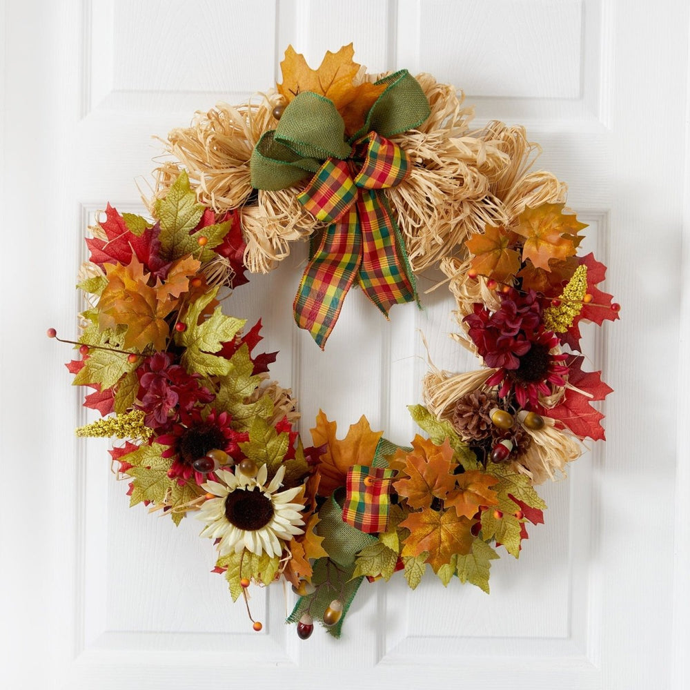 Nearly Natural 30” Harvest Autumn Sunflower, Maple Leaves and Berries Artificial Fall Wreath with Decorative Bows - lily & onyx