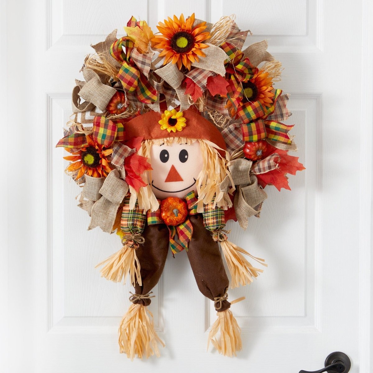 Nearly Natural 30” Scarecrow Fall Artificial Autumn Wreath with Sunflower, Pumpkin and Decorative Bows - lily & onyx