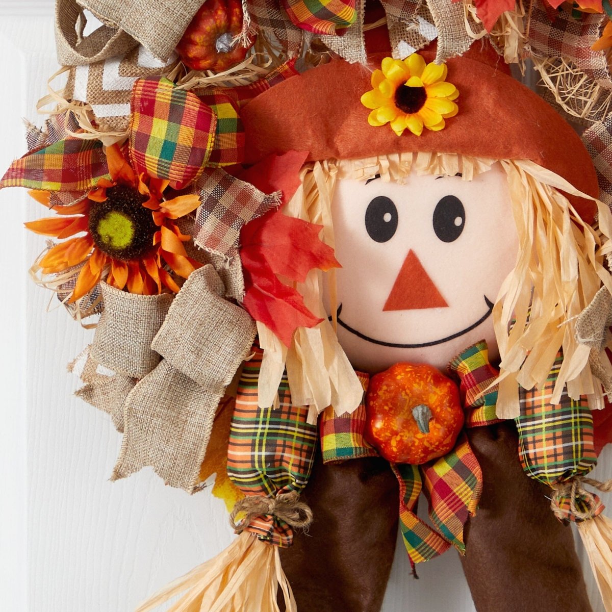 Nearly Natural 30” Scarecrow Fall Artificial Autumn Wreath with Sunflower, Pumpkin and Decorative Bows - lily & onyx