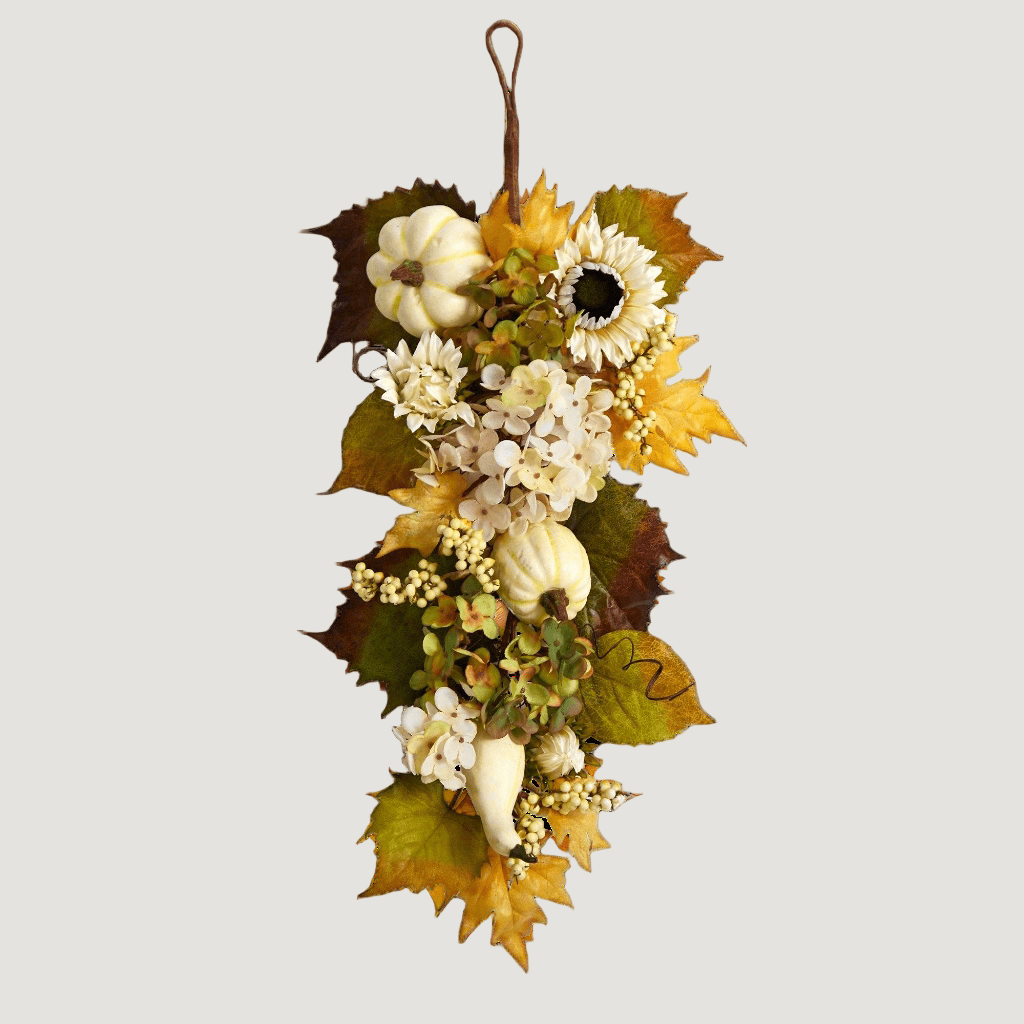 Nearly Natural 33” Fall Sunflower, Hydrangea and White Pumpkin Artificial Autumn Teardrop Swag Garland - lily & onyx