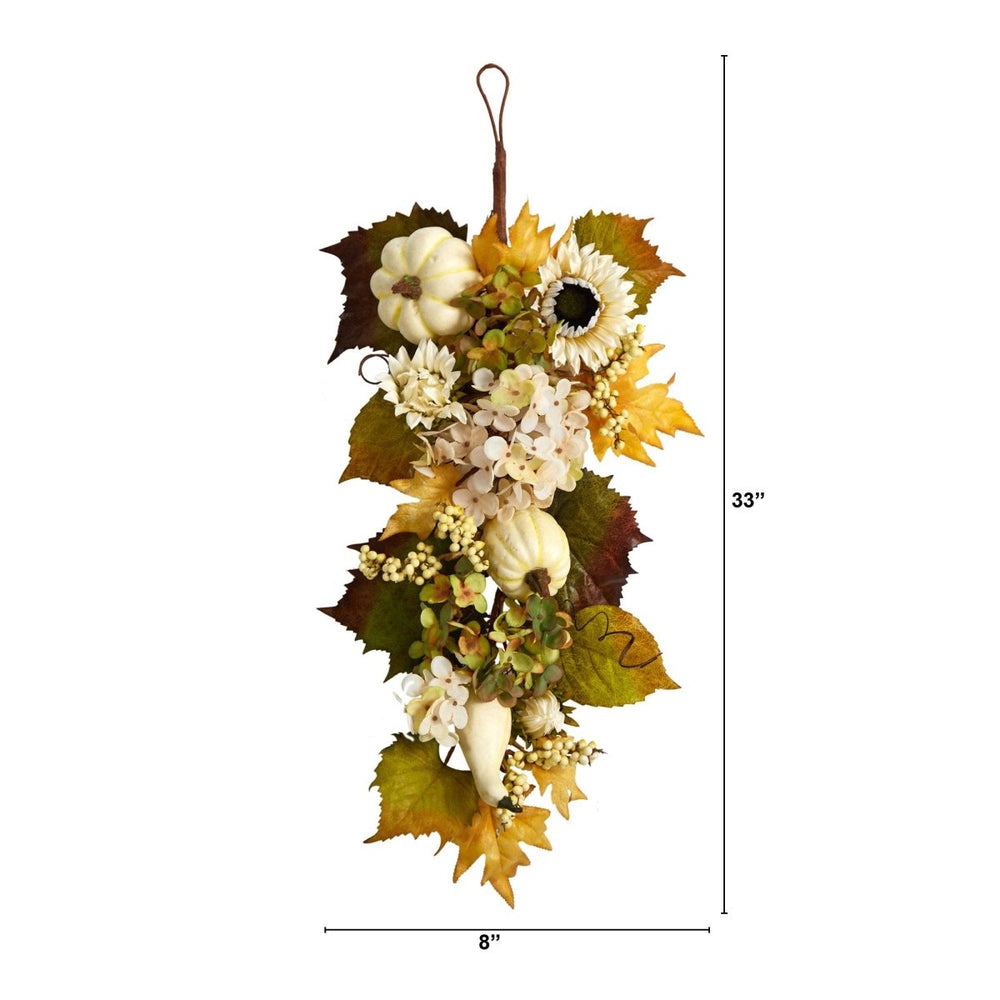 
                      
                        Nearly Natural 33” Fall Sunflower, Hydrangea and White Pumpkin Artificial Autumn Teardrop Swag Garland - lily & onyx
                      
                    