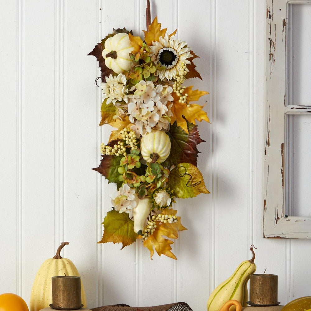 
                      
                        Nearly Natural 33” Fall Sunflower, Hydrangea and White Pumpkin Artificial Autumn Teardrop Swag Garland - lily & onyx
                      
                    