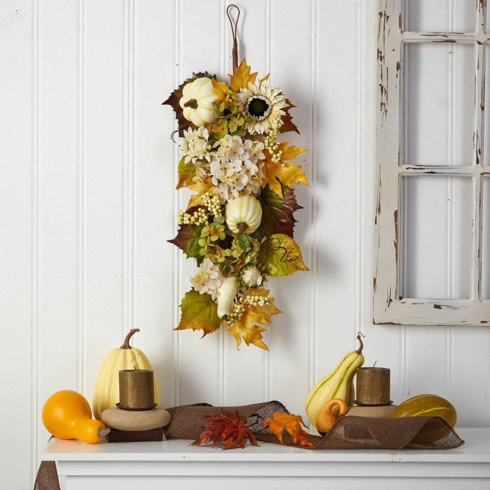 
                      
                        Nearly Natural 33” Fall Sunflower, Hydrangea and White Pumpkin Artificial Autumn Teardrop Swag Garland - lily & onyx
                      
                    