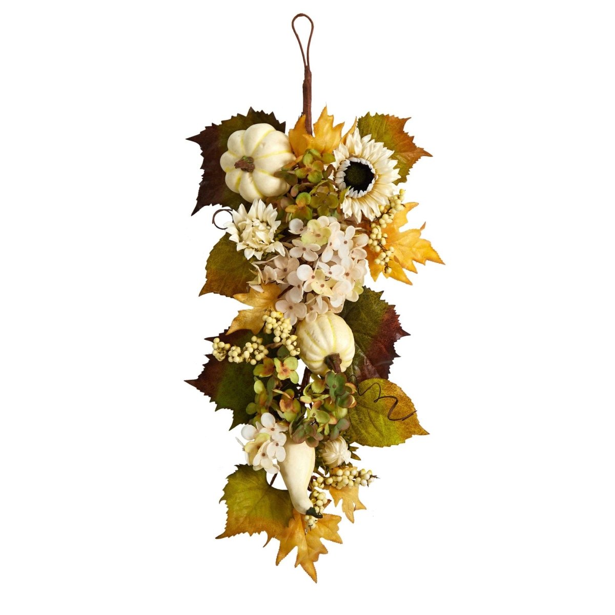 Nearly Natural 33” Fall Sunflower, Hydrangea and White Pumpkin Artificial Autumn Teardrop Swag Garland - lily & onyx