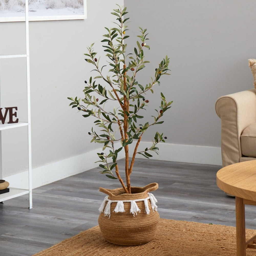 Nearly Natural 3.5’ Artificial Olive Tree with Handmade Jute & Cotton Basket with Tassels - lily & onyx