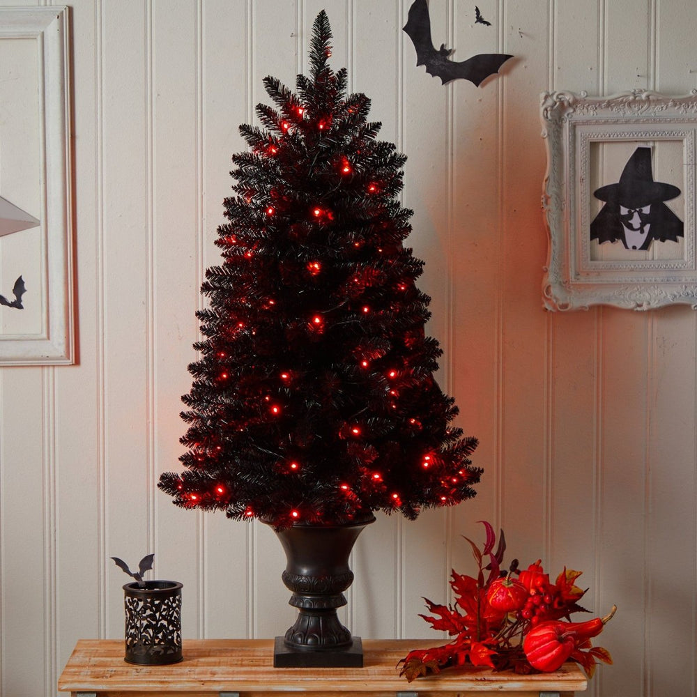 Nearly Natural 4’ Black Halloween Artificial Christmas Tree in Urn with 100 Orange LED Lights - lily & onyx