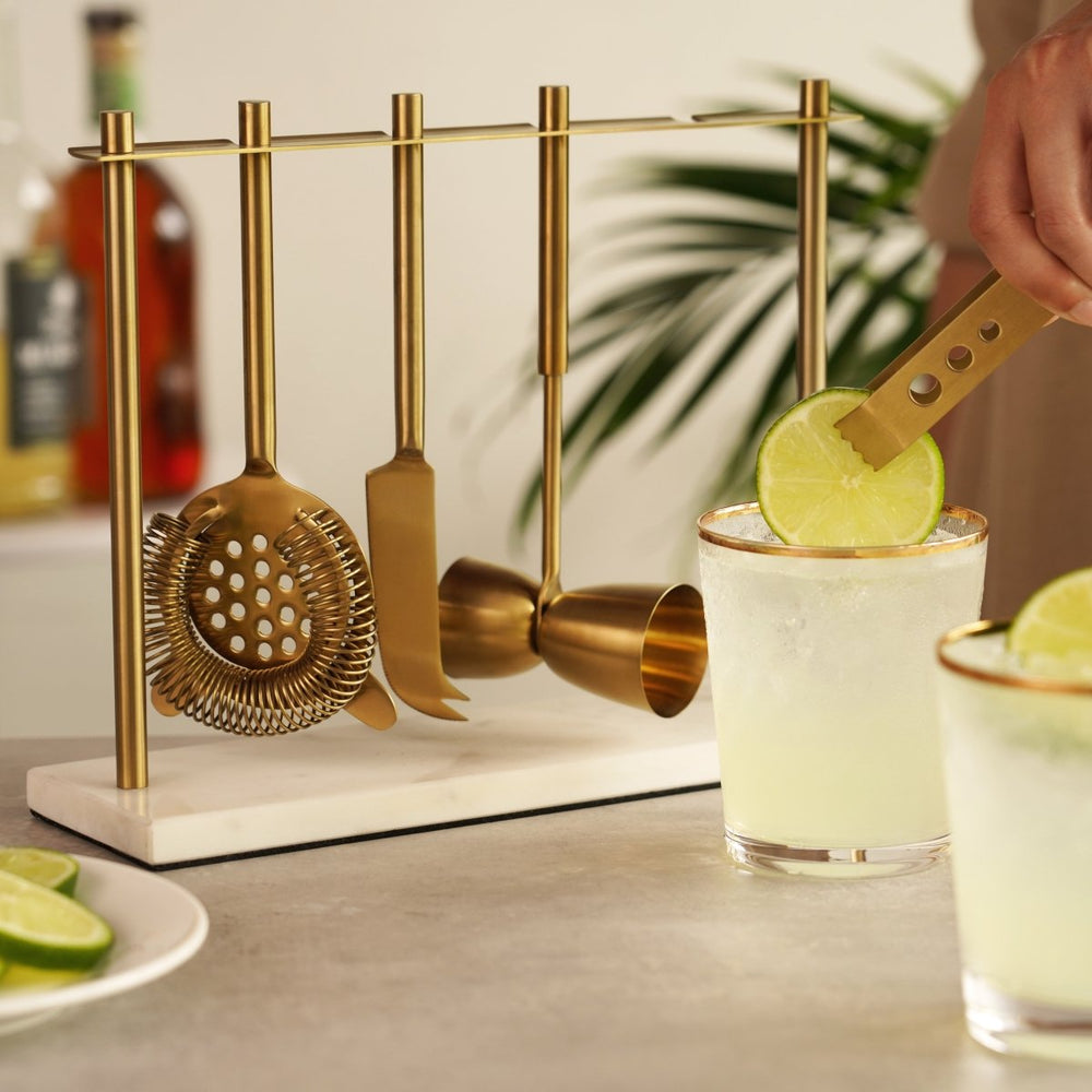 Twine Living 4 - Piece Bar Tool Set in Gold with Marble and Stainless Steel Stand - lily & onyx