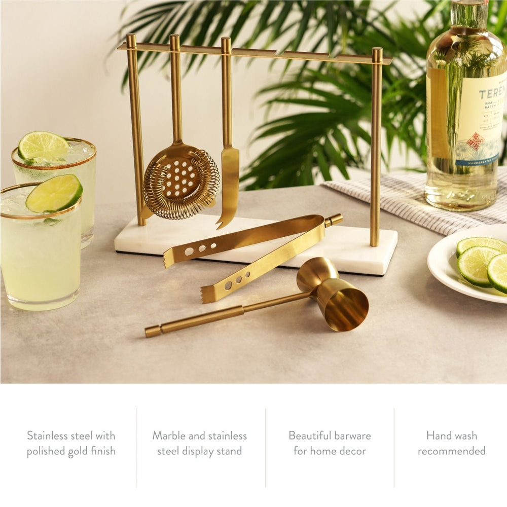 
                      
                        Twine Living 4 - Piece Bar Tool Set in Gold with Marble and Stainless Steel Stand - lily & onyx
                      
                    
