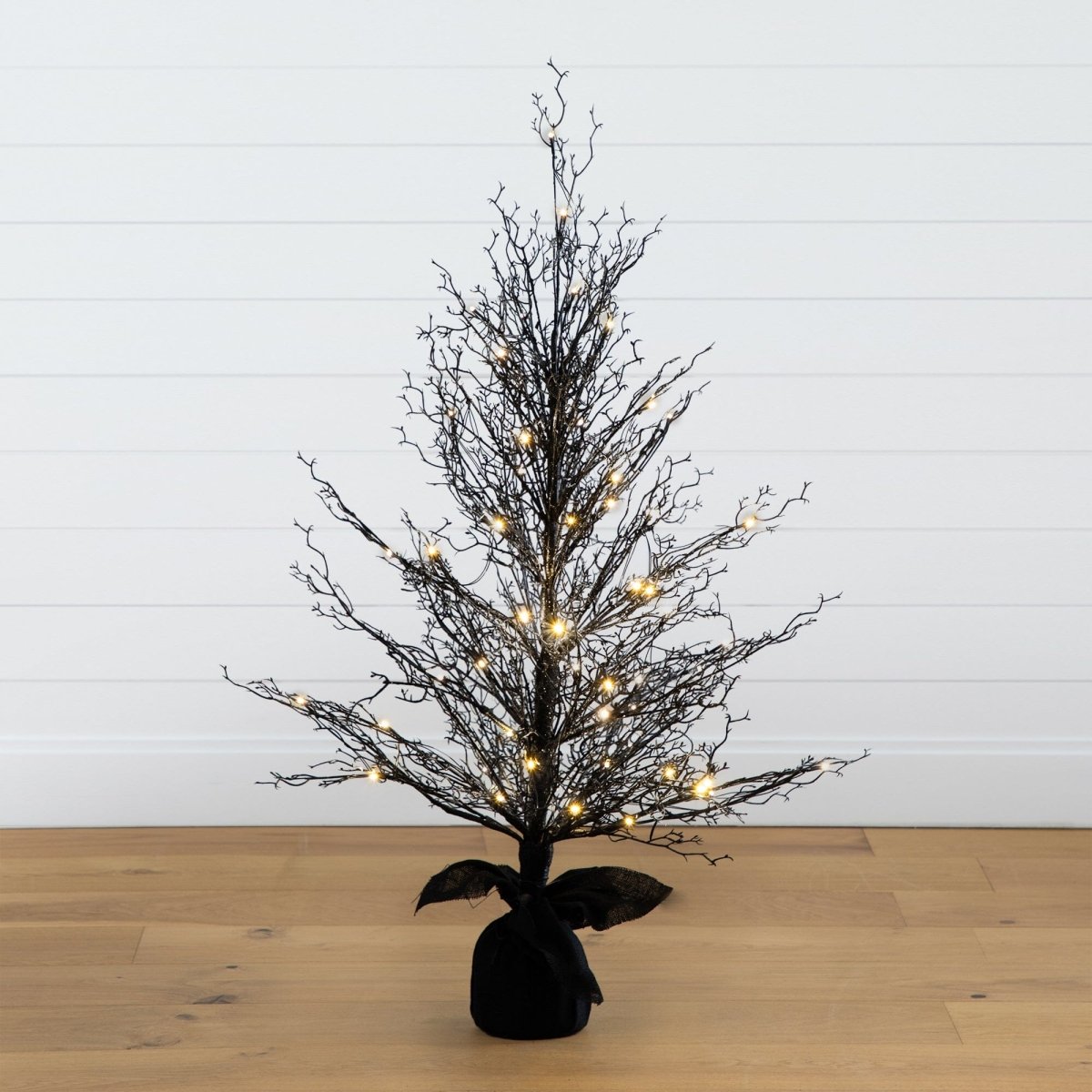 Nearly Natural 4’ Pre - Lit Halloween Black Twig Artificial Fall Tree in Burlap Planter with 63 Warm White LED Lights - lily & onyx