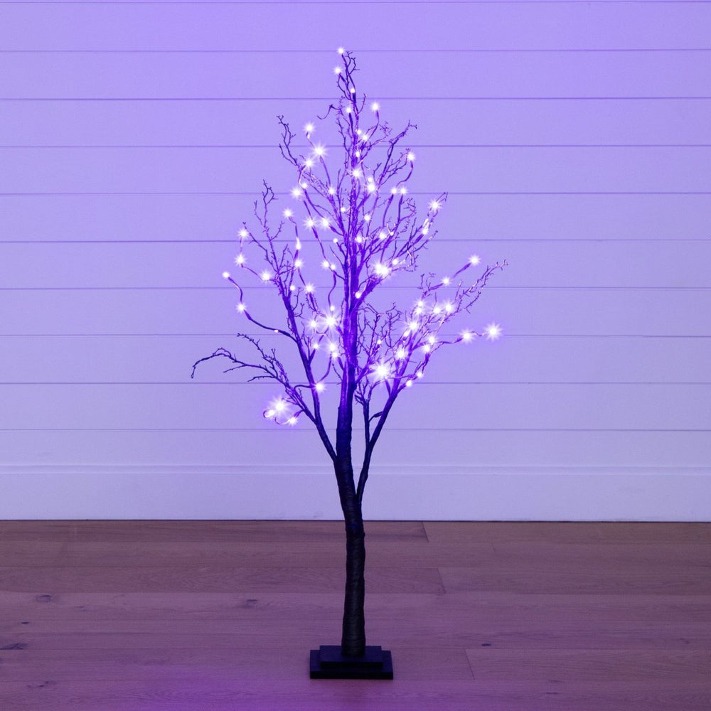 Nearly Natural 4’ Pre - Lit Halloween Deluxe Black Twig Artificial Fall Tree with 81 Orange & Purple LED Lights - lily & onyx