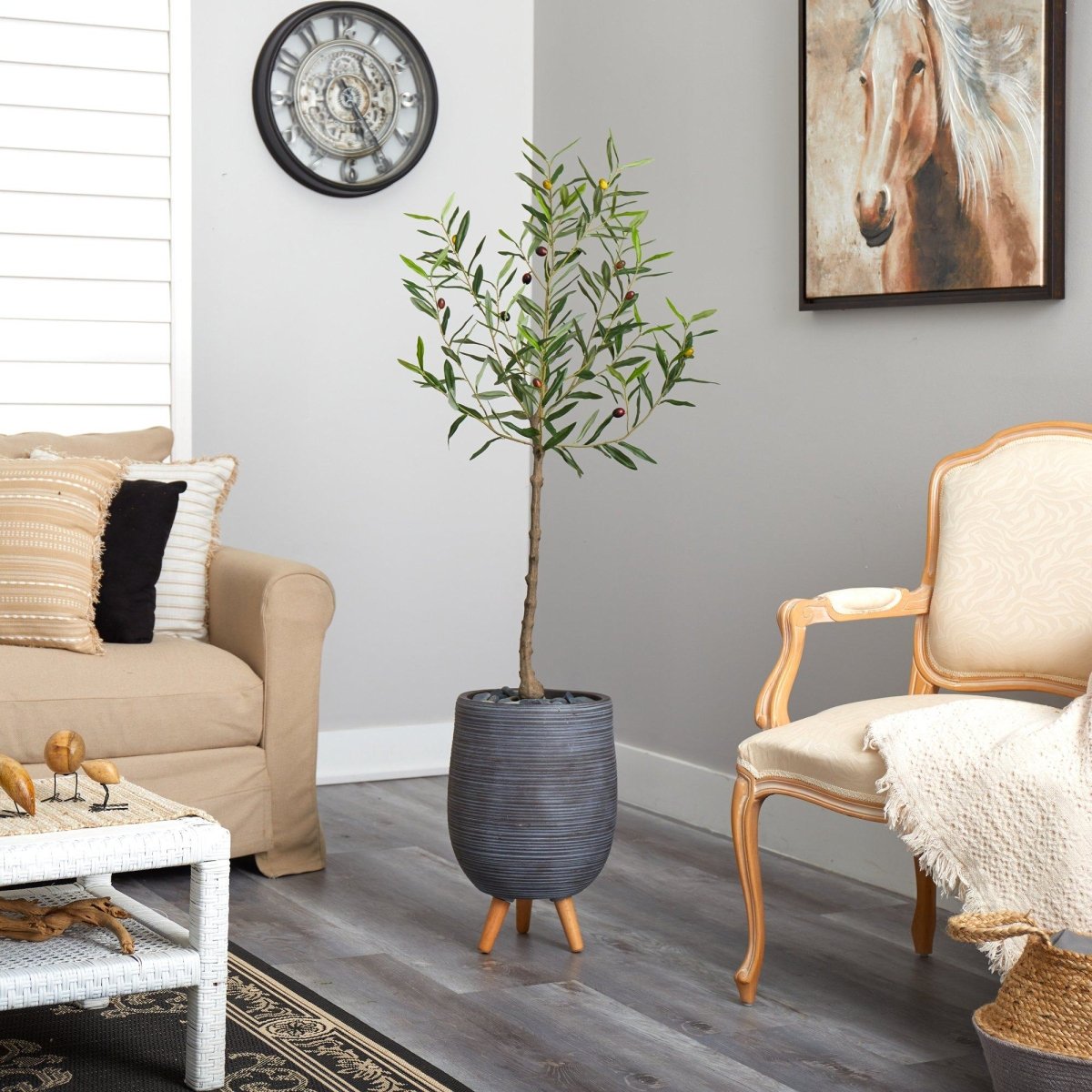 Nearly Natural 4.5’ Artificial Olive Tree in Gray Planter with Stand - lily & onyx