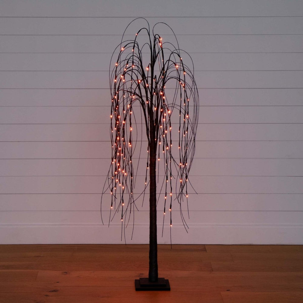 Nearly Natural 5’ Pre - Lit Halloween Black Willow Artificial Fall Tree with 144 Orange & Purple LED Lights - lily & onyx