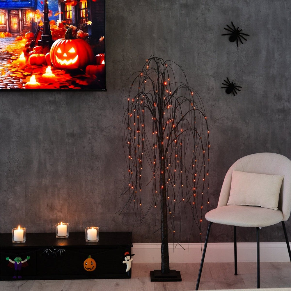 Nearly Natural 5’ Pre - Lit Halloween Black Willow Artificial Fall Tree with 144 Orange & Purple LED Lights - lily & onyx