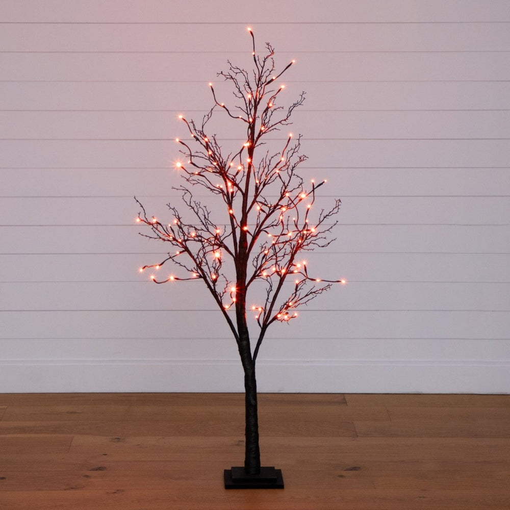 Nearly Natural 5’ Pre - Lit Halloween Deluxe Black Twig Artificial Fall Tree with 102 Orange & Purple LED Lights - lily & onyx