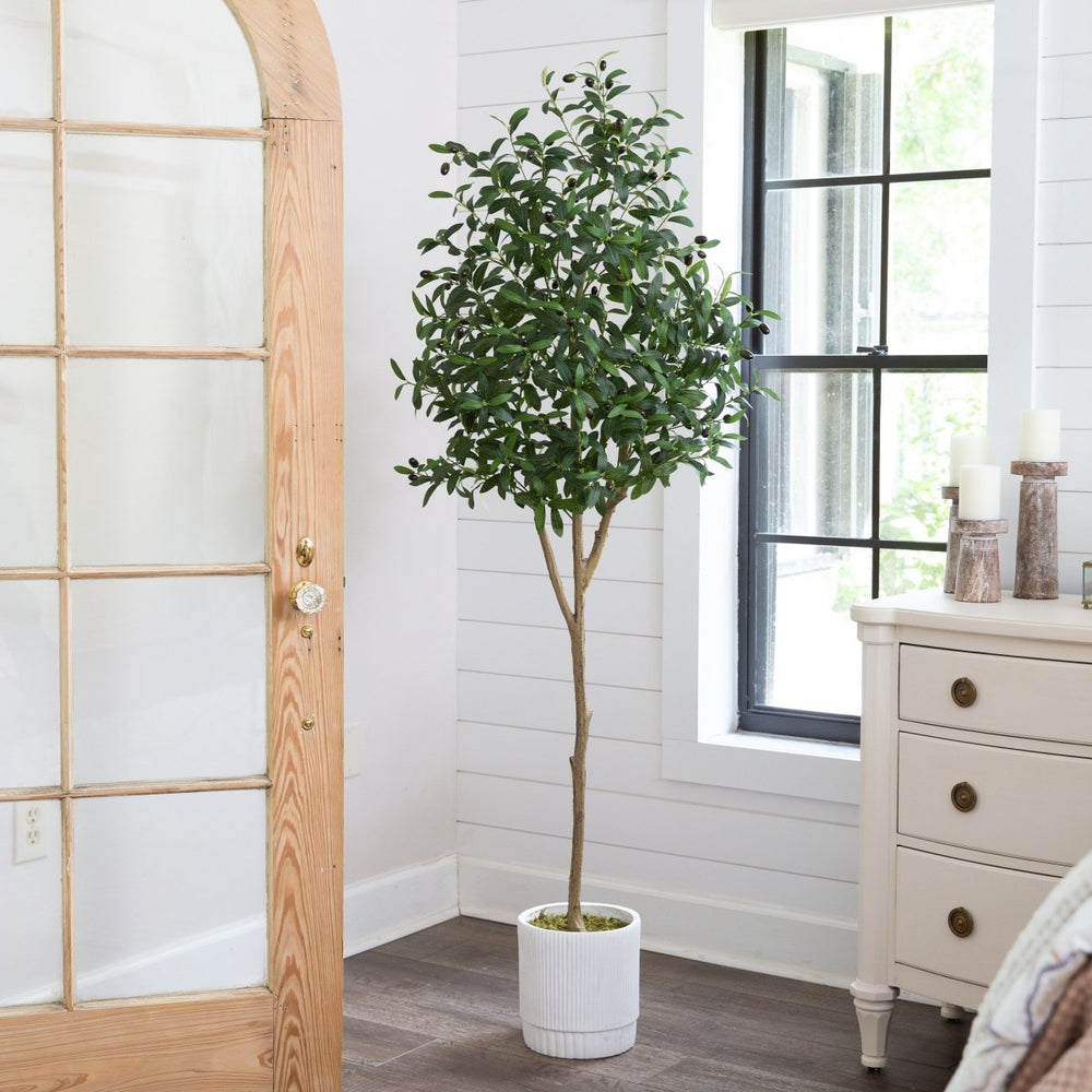 Nearly Natural 6’ Artificial Olive Tree with White Decorative Planter - lily & onyx