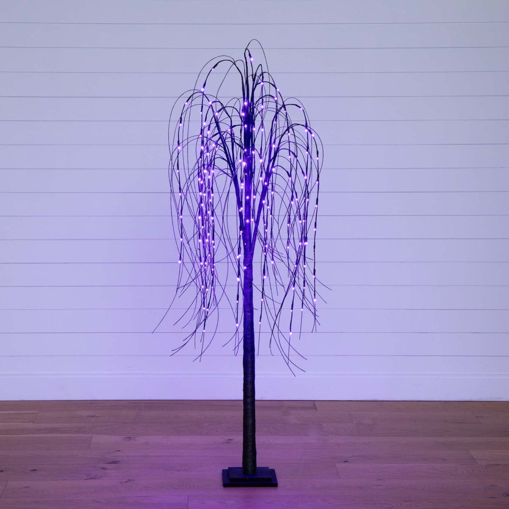 Nearly Natural 6’ Pre - Lit Halloween Black Willow Artificial Fall Tree with 160 Orange & Purple LED Lights - lily & onyx