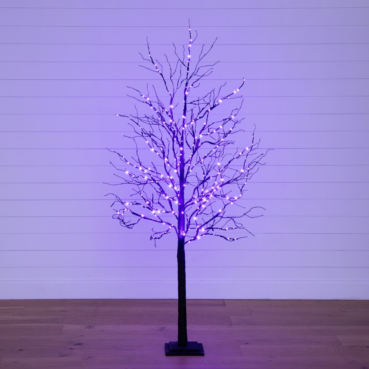 Nearly Natural 6’ Pre - Lit Halloween Deluxe Black Twig Artificial Fall Tree with 156 Orange & Purple LED Lights - lily & onyx