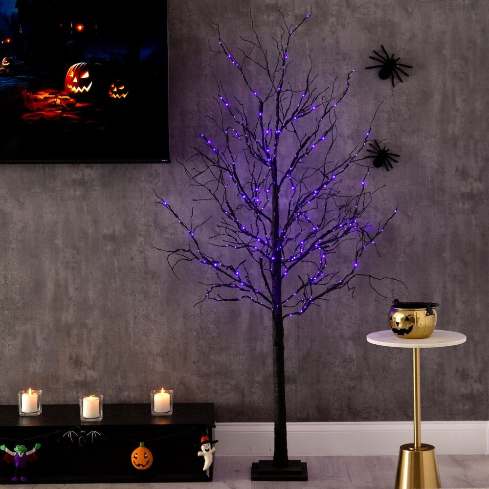 Nearly Natural 6’ Pre - Lit Halloween Deluxe Black Twig Artificial Fall Tree with 156 Orange & Purple LED Lights - lily & onyx