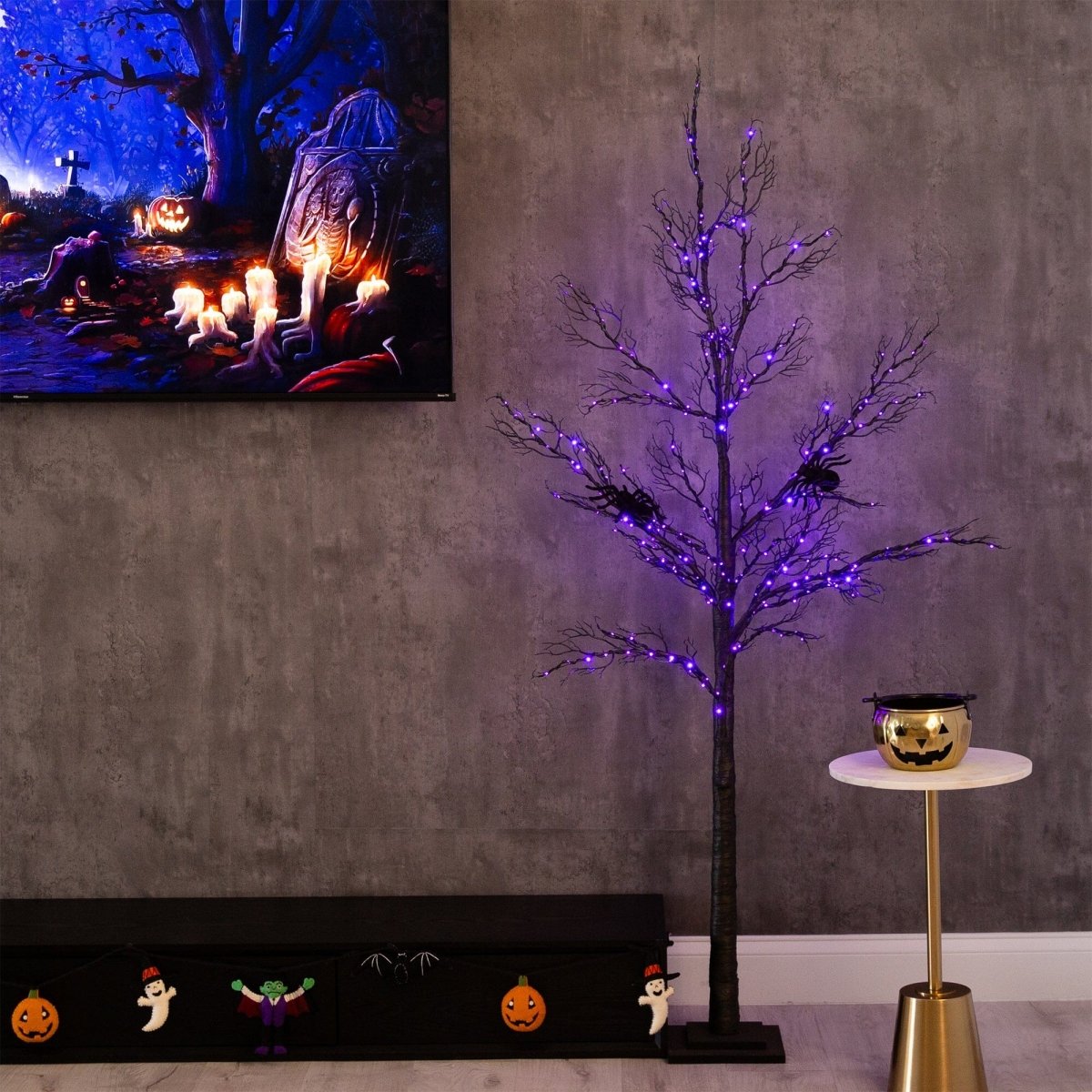 Nearly Natural 6’ Pre - Lit Halloween Minimalist Twig Artificial Fall Tree with 320 Orange & Purple LED Lights - lily & onyx