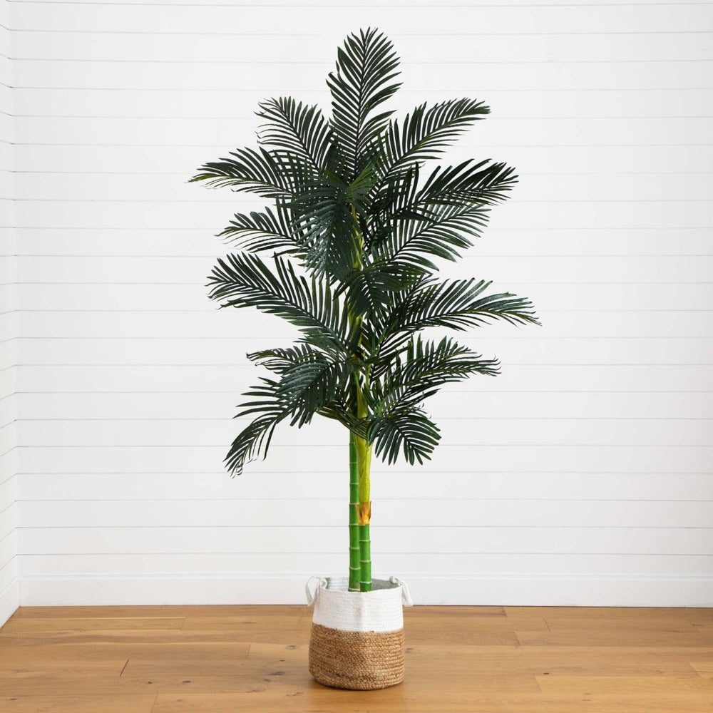 Nearly Natural 8’ Golden Cane Artificial Palm Tree in Handmade Natural Cotton Planter - lily & onyx