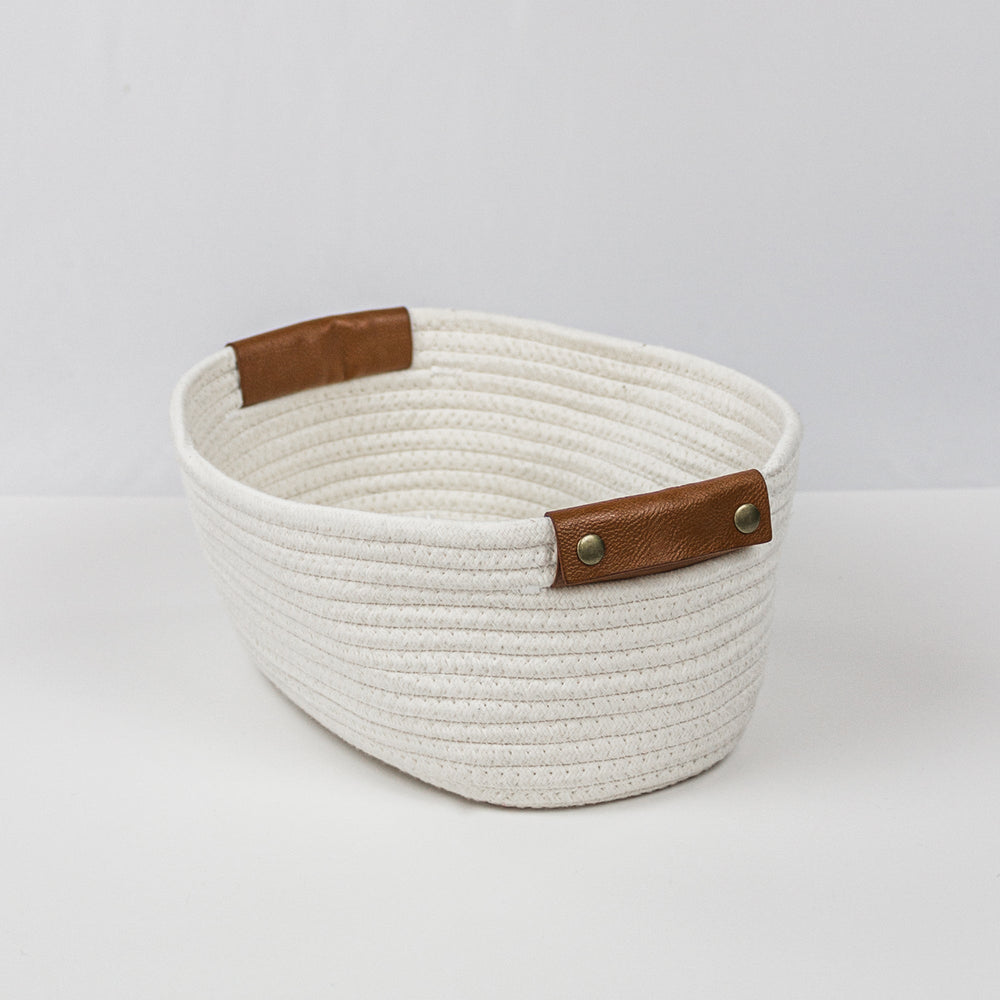 931 - Storage cotton basket with leather handles