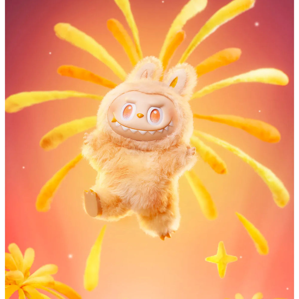 
                      
                        The MONSTERS Big into Energy Series HAPPINES Labubu with sun-like design on a warm gradient background
                      
                    