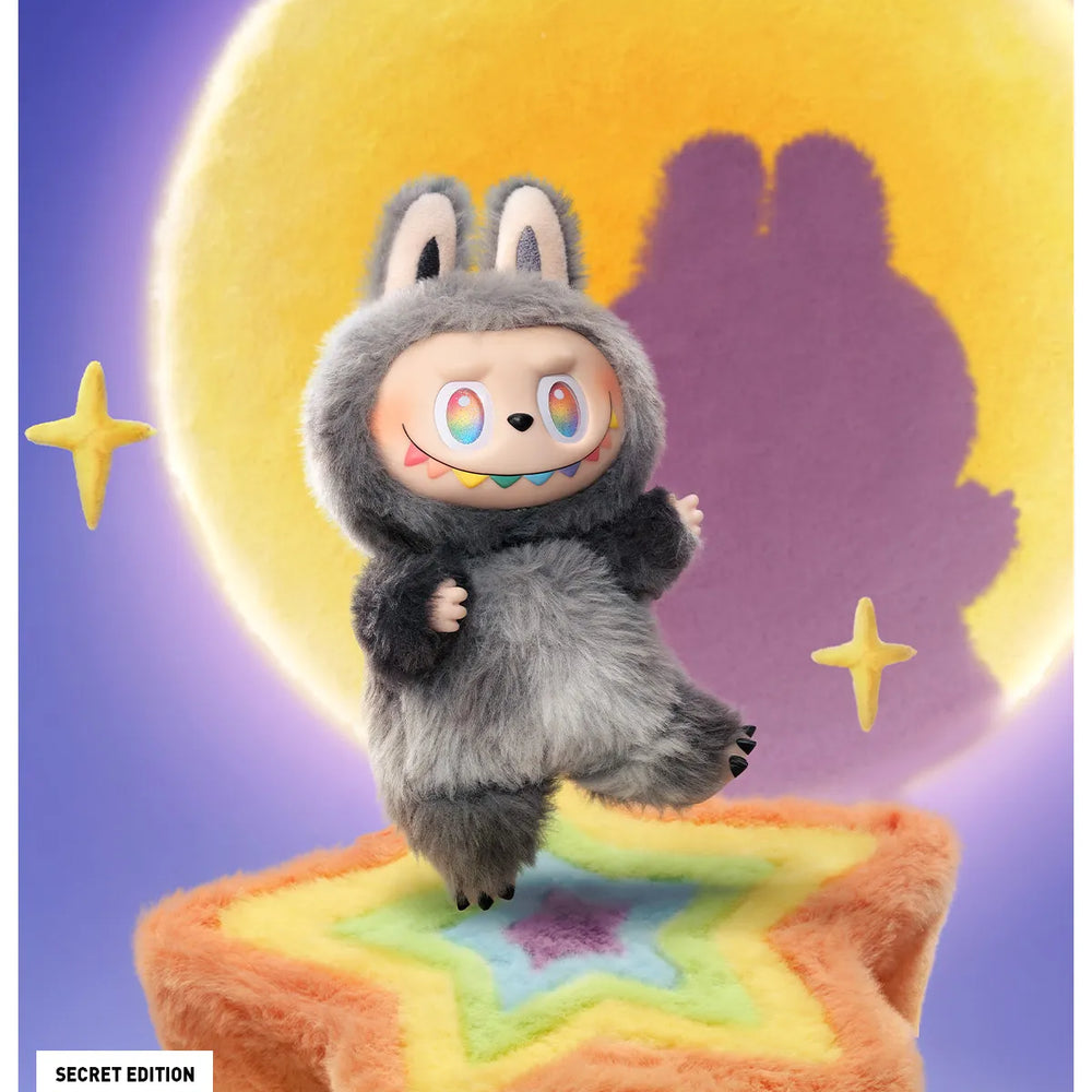 
                      
                        The MONSTERS Big Into Energy series SECRET Labubu standing on a star-shaped platform with a purple background and yellow moon.
                      
                    
