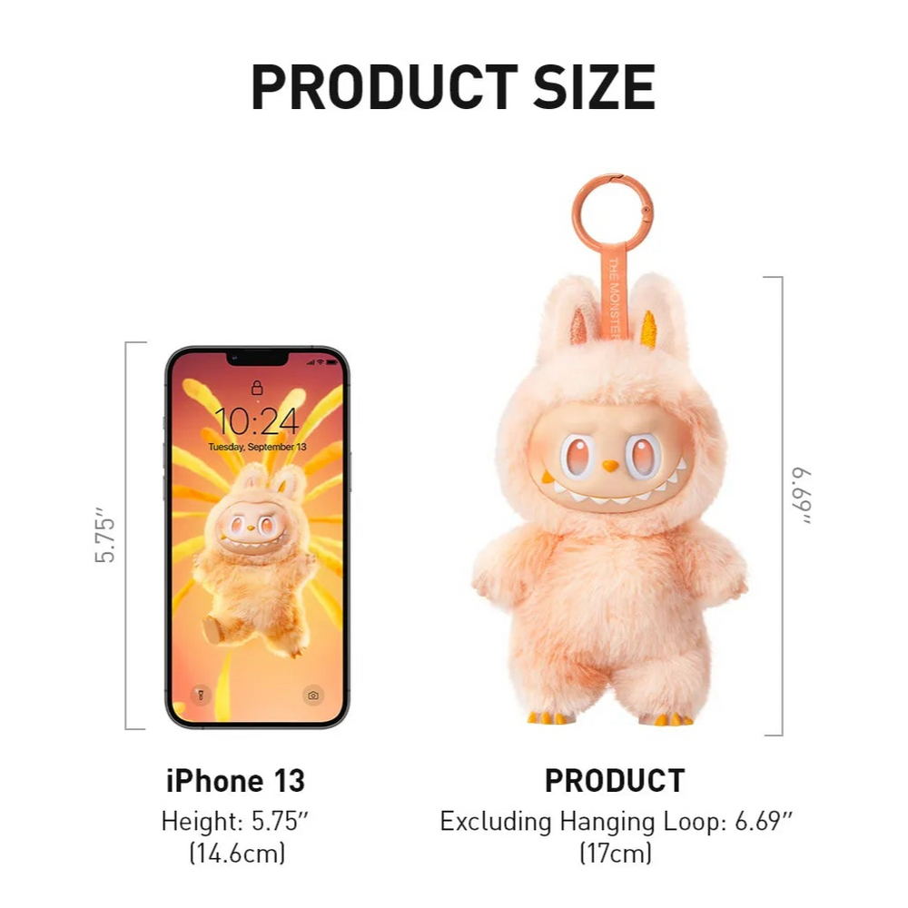 
                      
                        Product information sheet for The MONSTERS Big Into Energy series vinyl pendant plush, against an iPhone 13 for size reference.
                      
                    