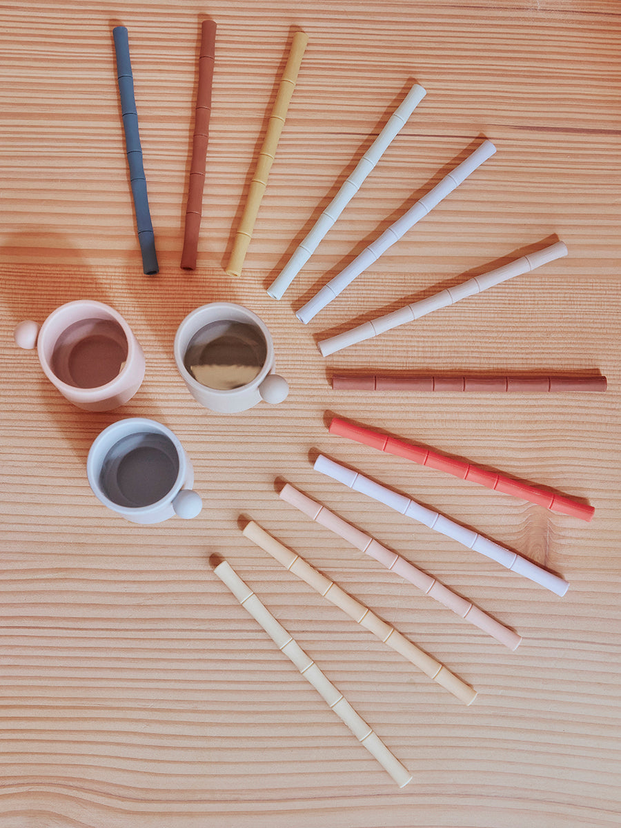 oyoy.us Bamboo Silicone Straw, Set of 6 - Caramel/Blue