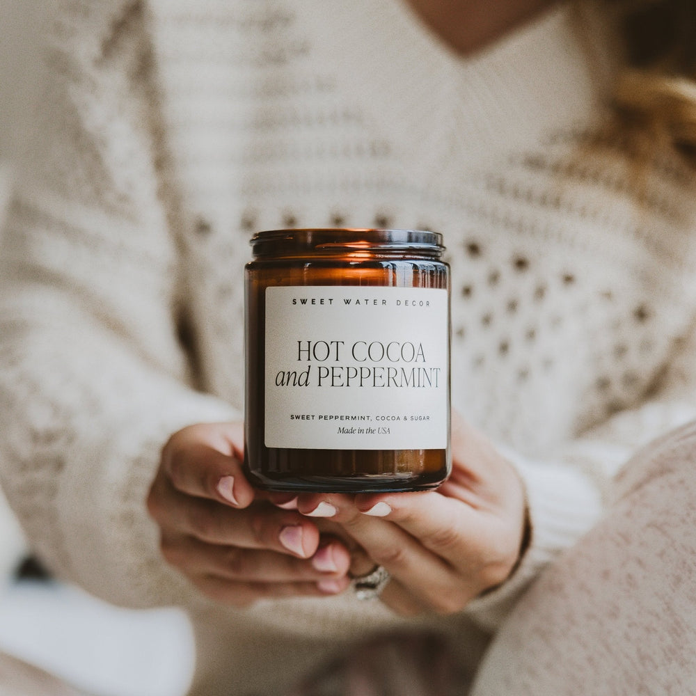 
                      
                        Hot Cocoa and Peppermint Soy Candle - Amber Jar - 9 oz
                      
                    