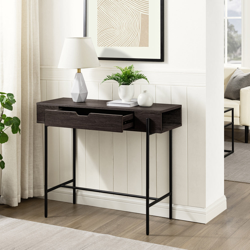
                      
                        Modern Minimalist Metal and Wood 1-Drawer Entry Table
                      
                    