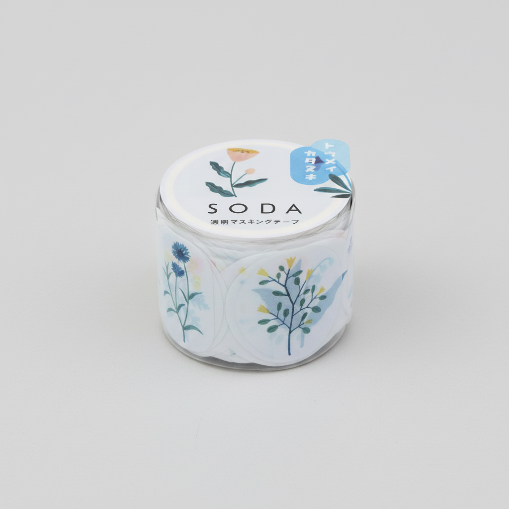 SODA clear decorative tape with Nobana floral design on dispenser, 1.2 inch width