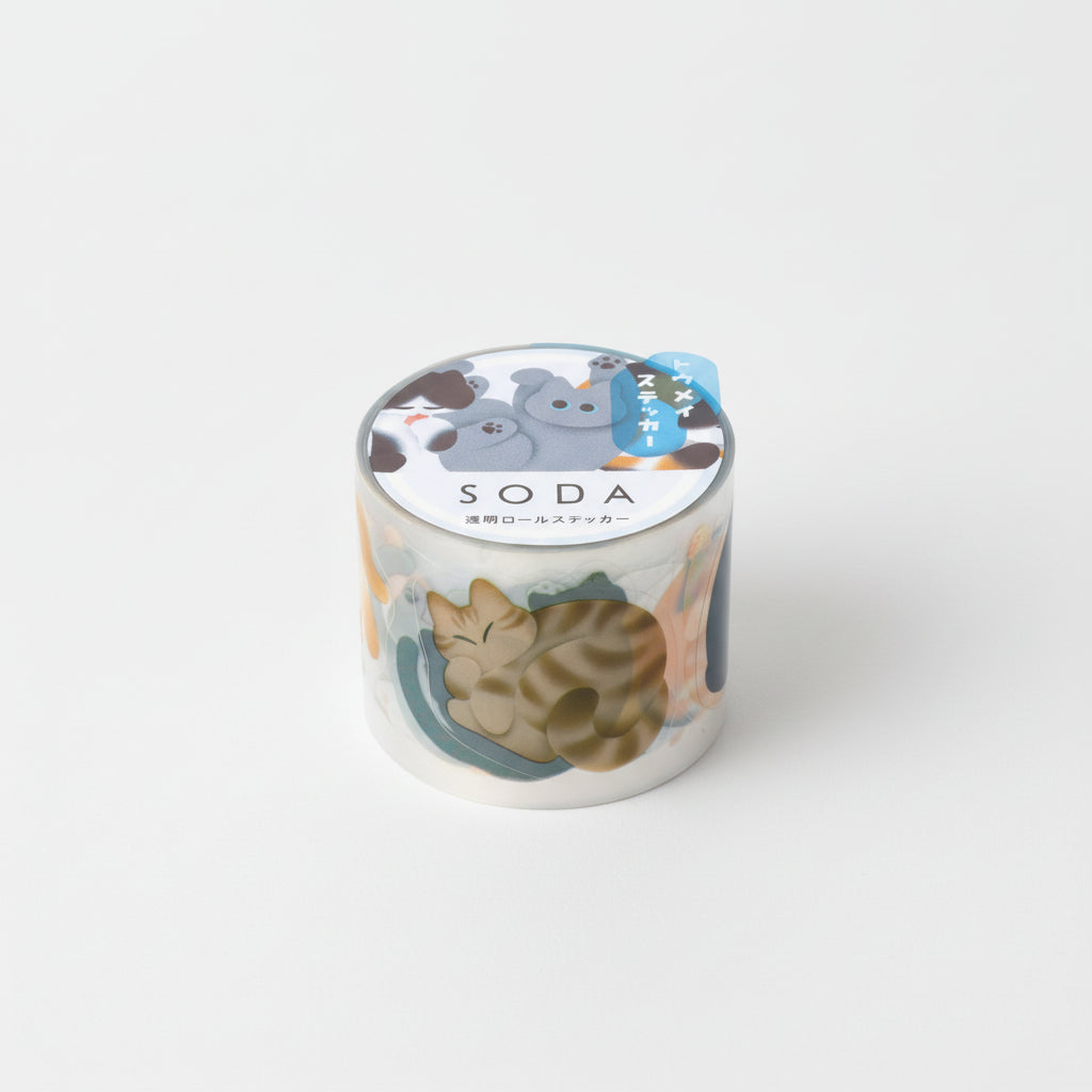 Transparent SODA masking tape 1.2" featuring a rolling cat shape, by KING JIM, great for decorative use.
